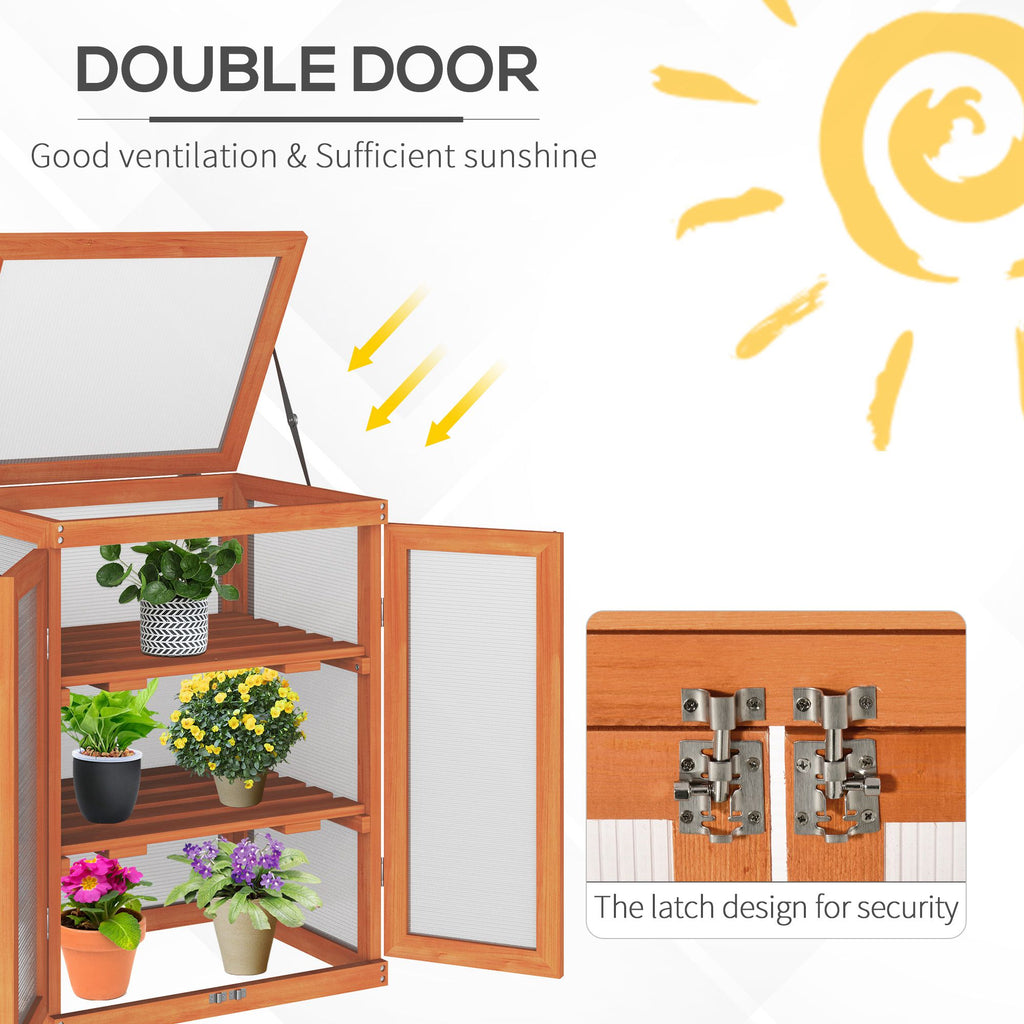 Wooden 2 Tier Cold Frame Greenhouse Polycarbonate Plant Grow House Portable Garden, 22.8" x 17.3" x 30.7", Orange