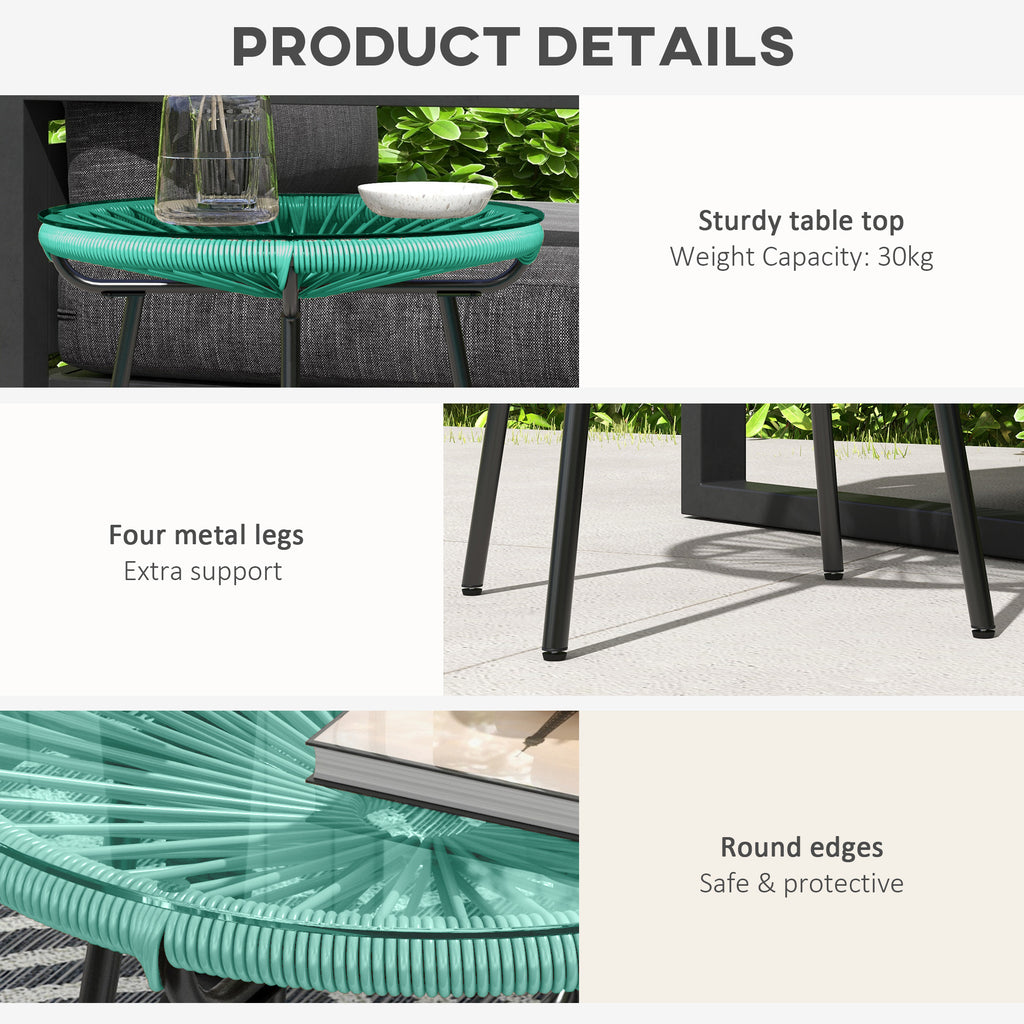 Rattan Side Table, Round Outdoor Table, with Round PE Rattan and Tempered Glass Table Top for Patio, Garden, Light Green