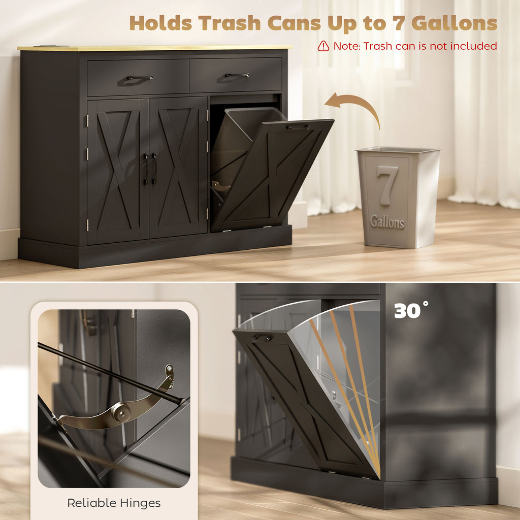 7 Gallon Tilt Out Garbage Cabinet, Kitchen Island with Charging Station, 2 Drawers, 4 Door Racks, Black