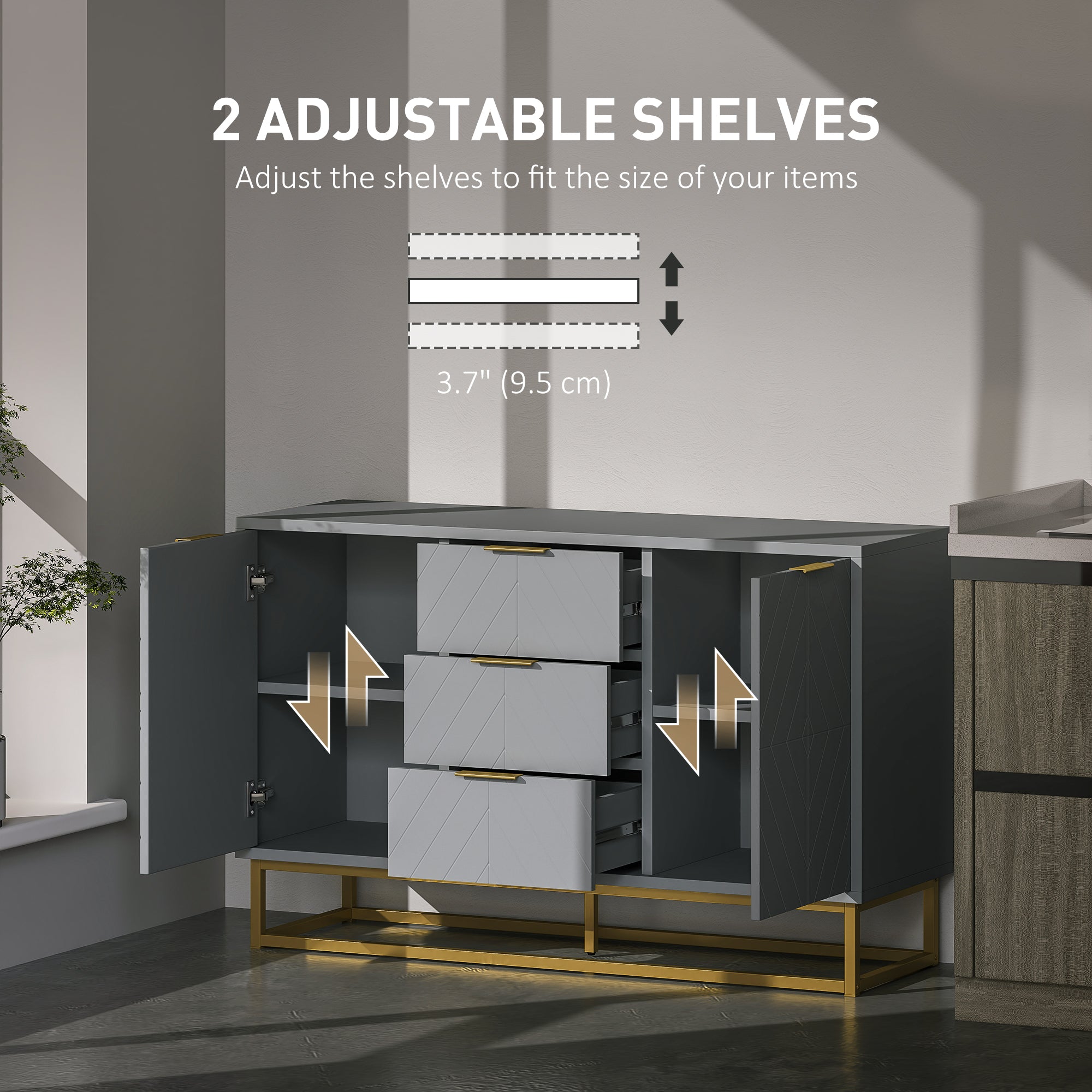 Sideboard Storage Cabinet with 3 Drawers, Adjustable Shelves and Doors, Kitchen Buffet Cabinet for Dining Room, Grey