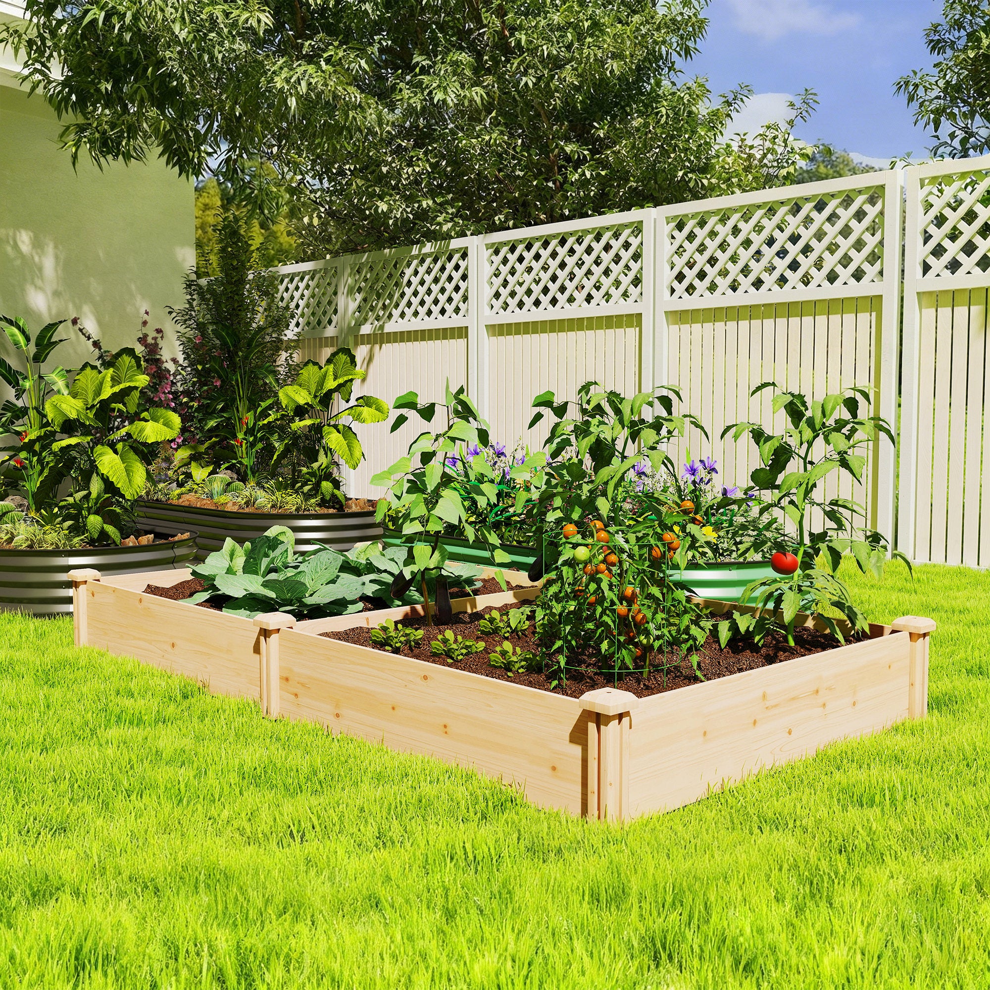 Wooden Raised Garden Bed, Outdoor Planter Box with Divider and Open Bottom for Flowers, Herbs, Vegetables, DIY Painting