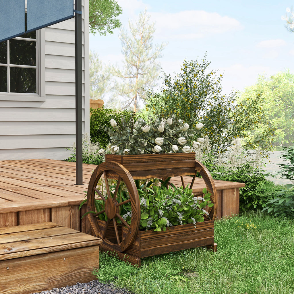 2-Tier Raised Garden Bed, Wooden Wagon Planter Boxes with Drainage Holes, for Vegetables Flowers Herbs, Carbonized