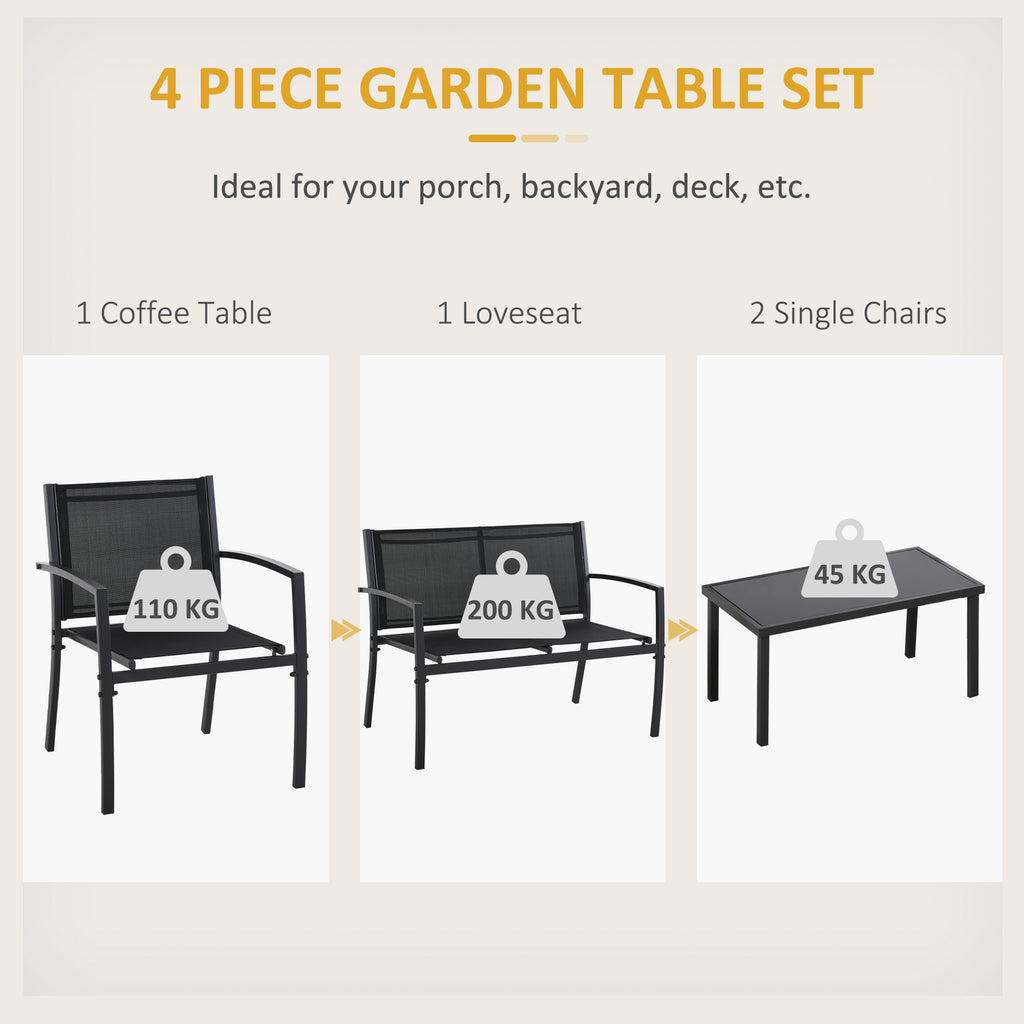 4-Piece Patio Furniture Set with Glass Top Coffee Table, Breathable Mesh Seat & Backrest for Garden, Balcony, Black