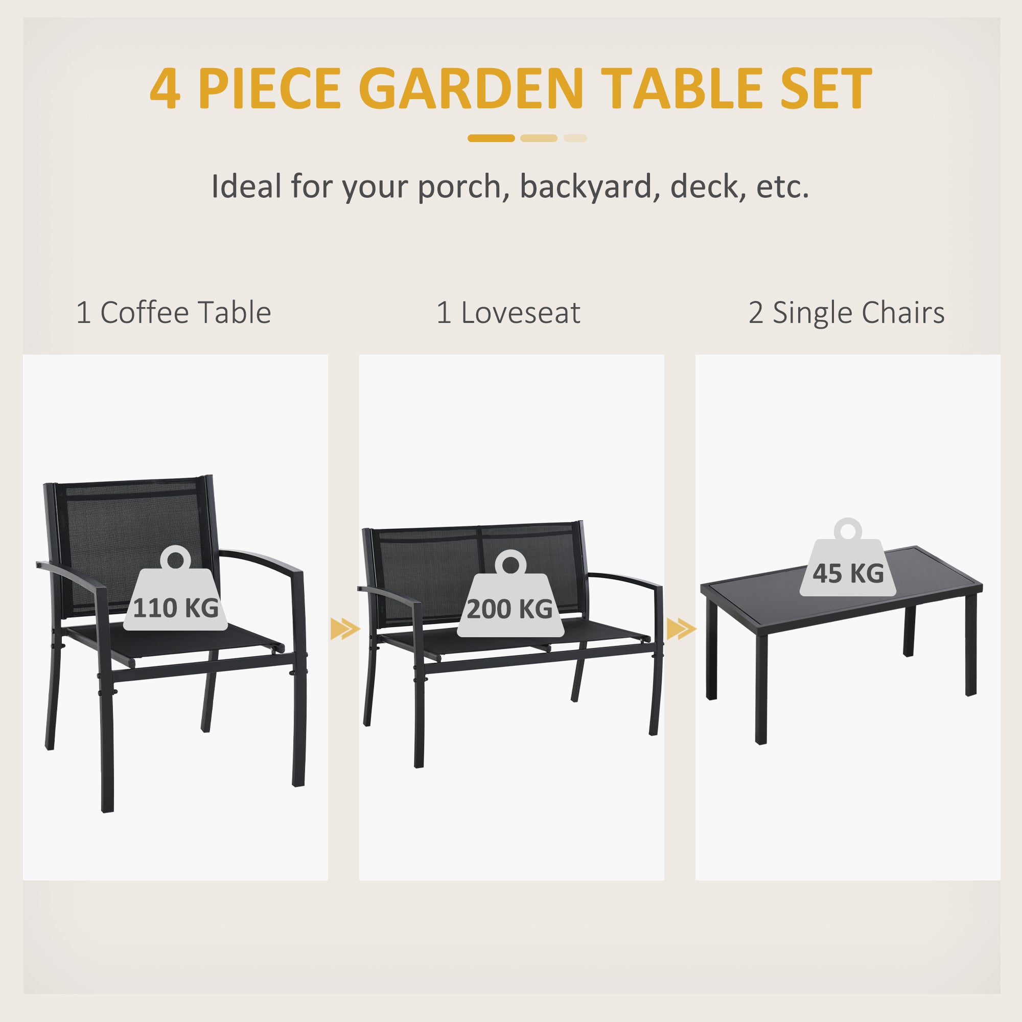 4-Piece Patio Furniture Set with Glass Top Coffee Table, Breathable Mesh Seat & Backrest for Garden, Balcony, Black