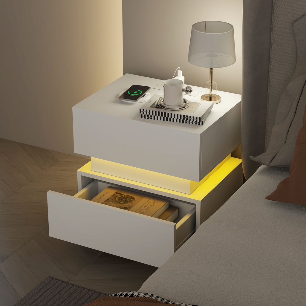 Bedside Table with Charging Station and LED Light Modern Nightstand with USB Ports AC Outlets Drawers Remote, White