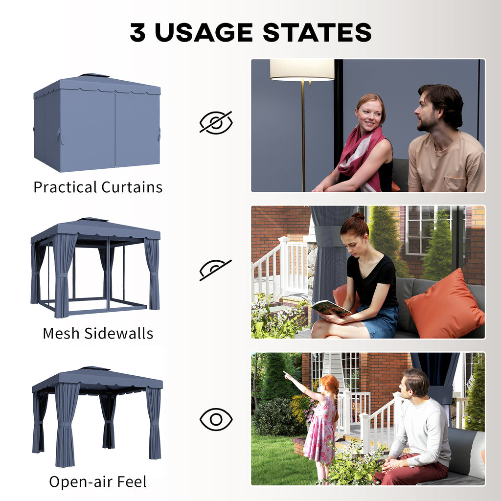 10' x 10' Outdoor Patio Gazebo Double Soft-top Garden Shelter Tent with Curtains, Mesh Screen Drapes, Dark Blue