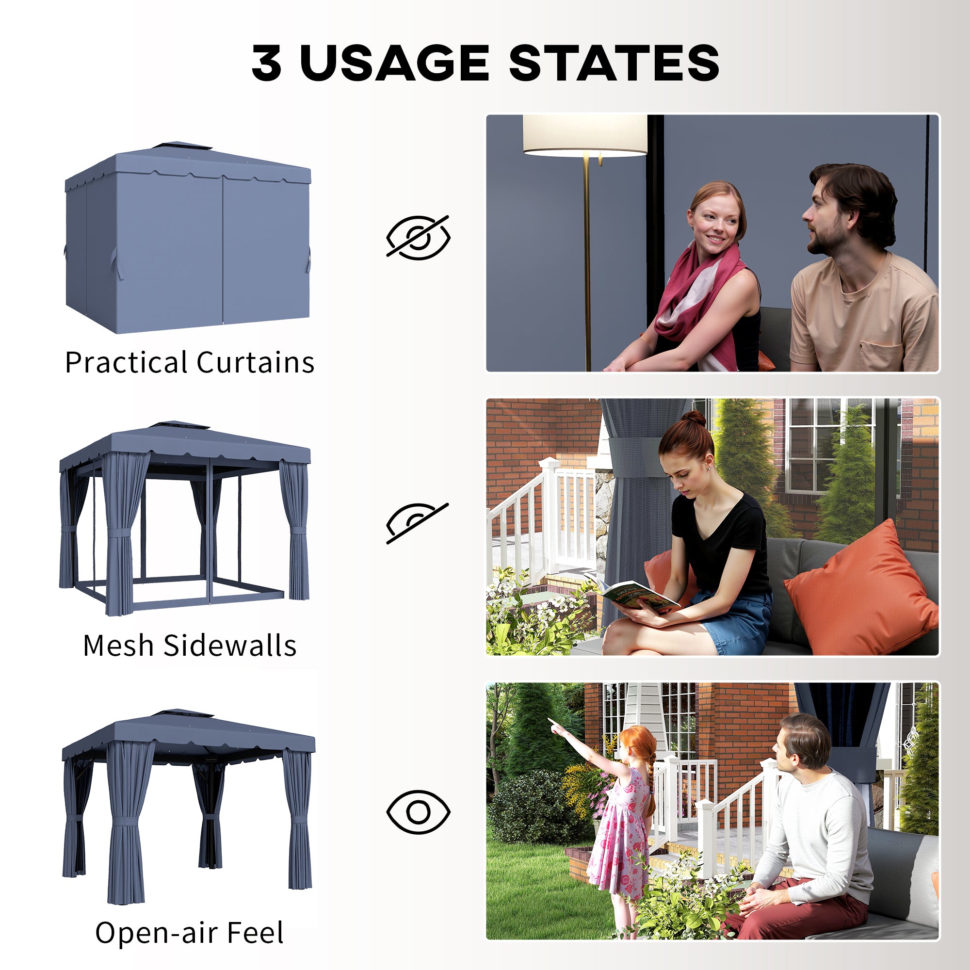 10' x 10' Outdoor Patio Gazebo Double Soft-top Garden Shelter Tent with Curtains, Mesh Screen Drapes, Dark Blue