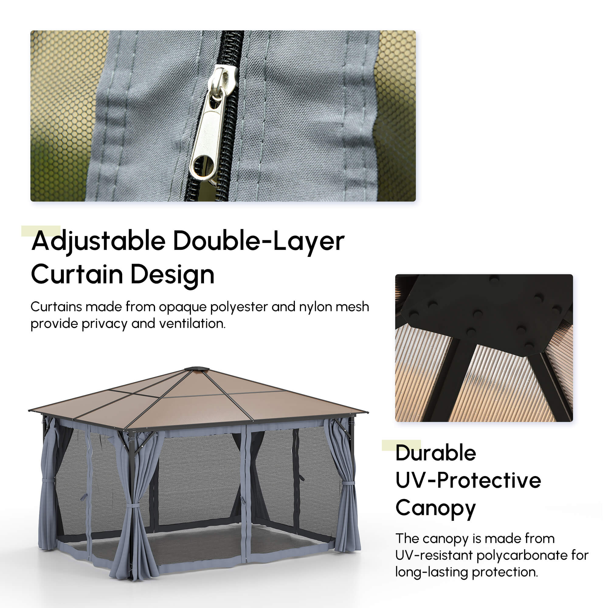 10' x 13' Hardtop Gazebo Aluminum Framed Marquee Party Tent Shelter with Mesh Curtains & Side Walls - Grey
