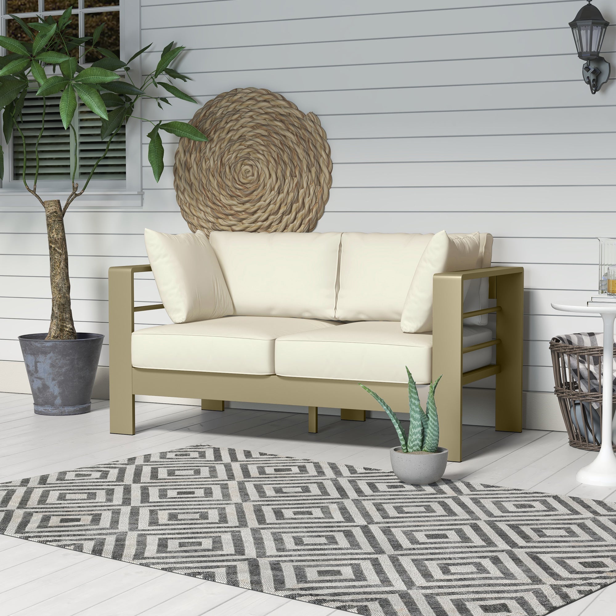 Patio Loveseat, Outdoor Seating for 2, Garden Sofa with Cushions, Wide Armrests, 54.3"x27.6"x24.6", Cream White