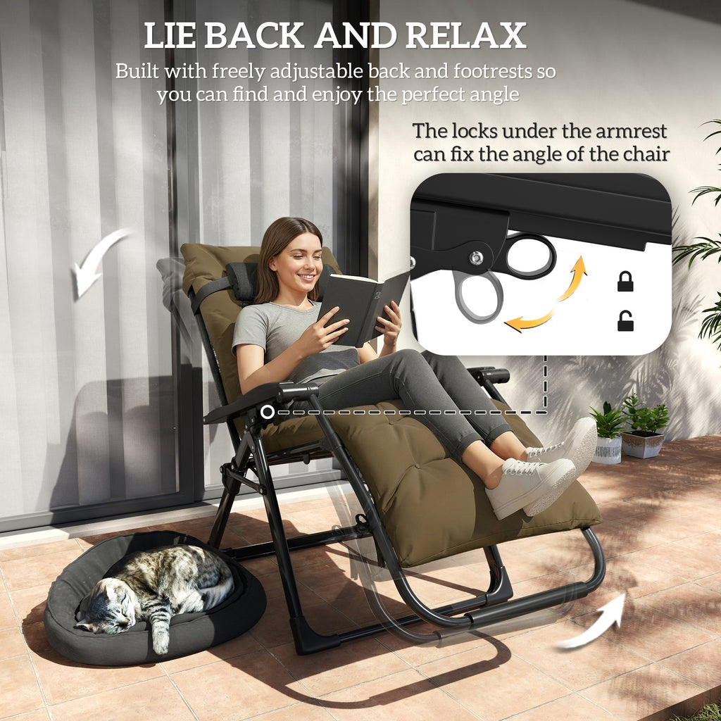 Folding Garden Chair, Reclining Zero Gravity Chair, Sun Lounger with Cushion and Headrest, Khaki
