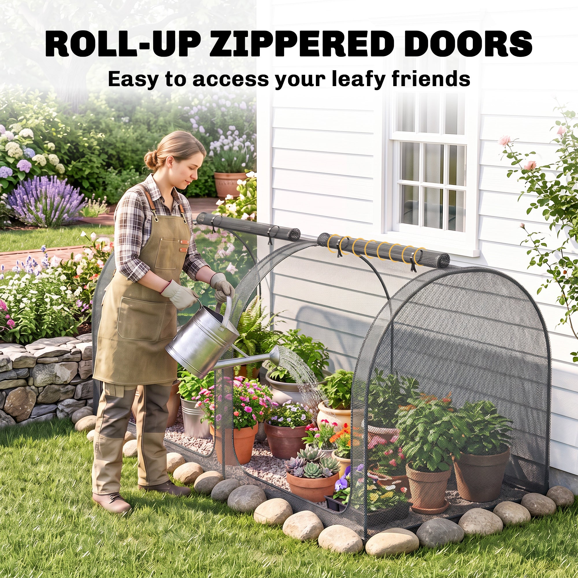 8' x 4' Crop Cage, Garden Plant Protector, with 2 Zippered Doors and 6 Ground Stakes, for Garden, Yard, Lawn, Black