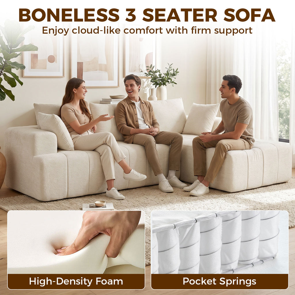 101" Modular Sectional Sofa with Chaise, Chenille Boneless Cloud Sofa Bed, 3 Seater L-Shaped Couch, No Assembly, Beige