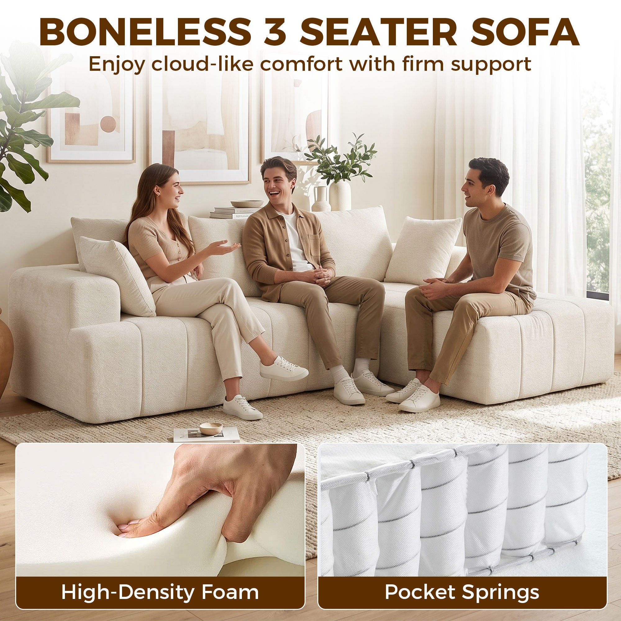 101" Modular Sectional Sofa with Chaise, Chenille Boneless Cloud Sofa Bed, 3 Seater L-Shaped Couch, No Assembly, Beige
