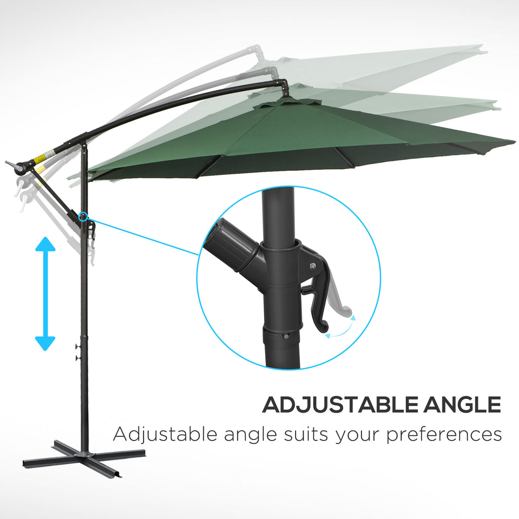 9.7ft Offset Patio UmbrellaCantilever Parasol with Crank Handle, 8 Ribs and Cross Base for Outdoor, Sun Shade, Green