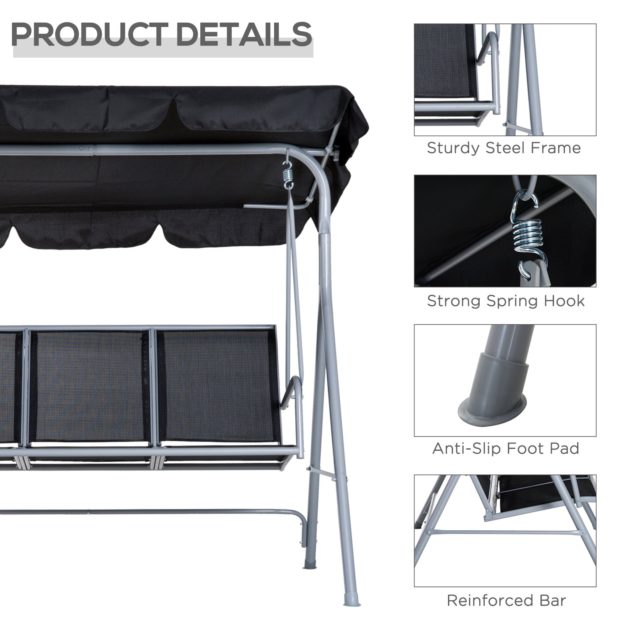 3-Seater Patio Swing, Outdoor Swing Chair, A Frame Porch Swing with Canopy Garden Hammock Glider Bed, Black