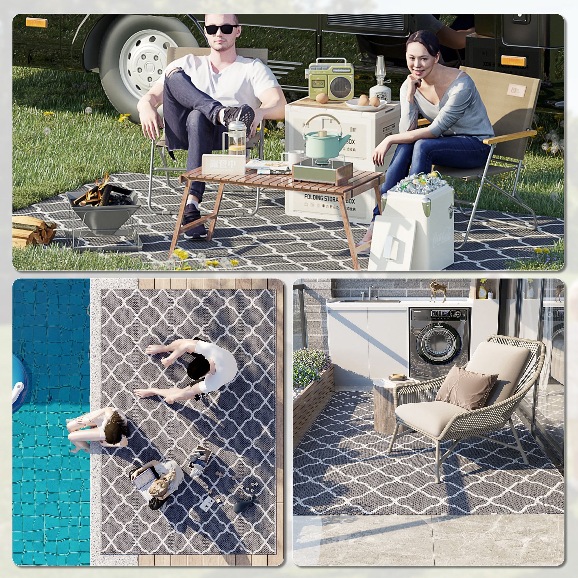 Waterproof  Outdoor Rug, 6' x 9' RV Rug Reversible Mat for Backyard, Deck, Picnic, Beach, Camping, Grey & White Net