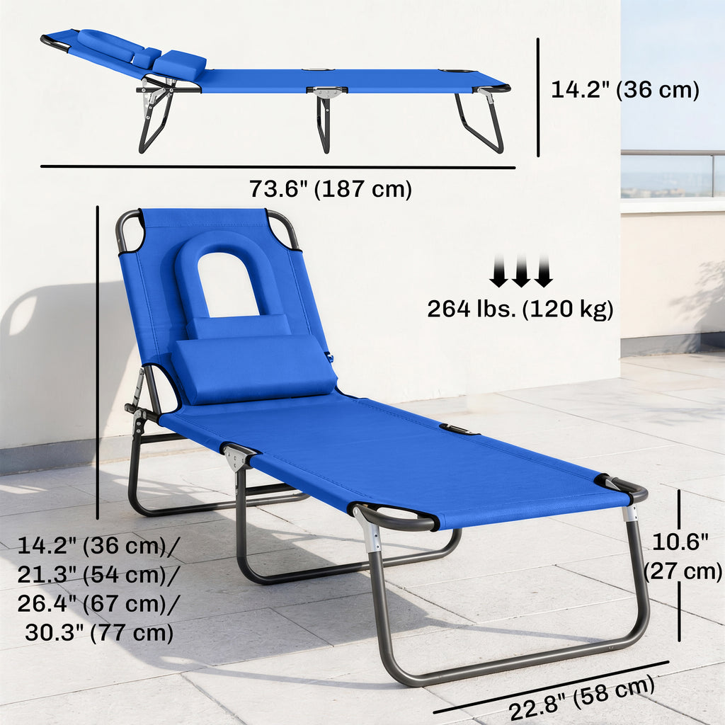 Folding Chaise Lounge Chair, Reclining Beach Tanning Chair with Face Hole, Pillow, 4-Position Adjustable Lay Flat Sun Lounger, Steel Frame for Outdoor Patio Pool, Blue