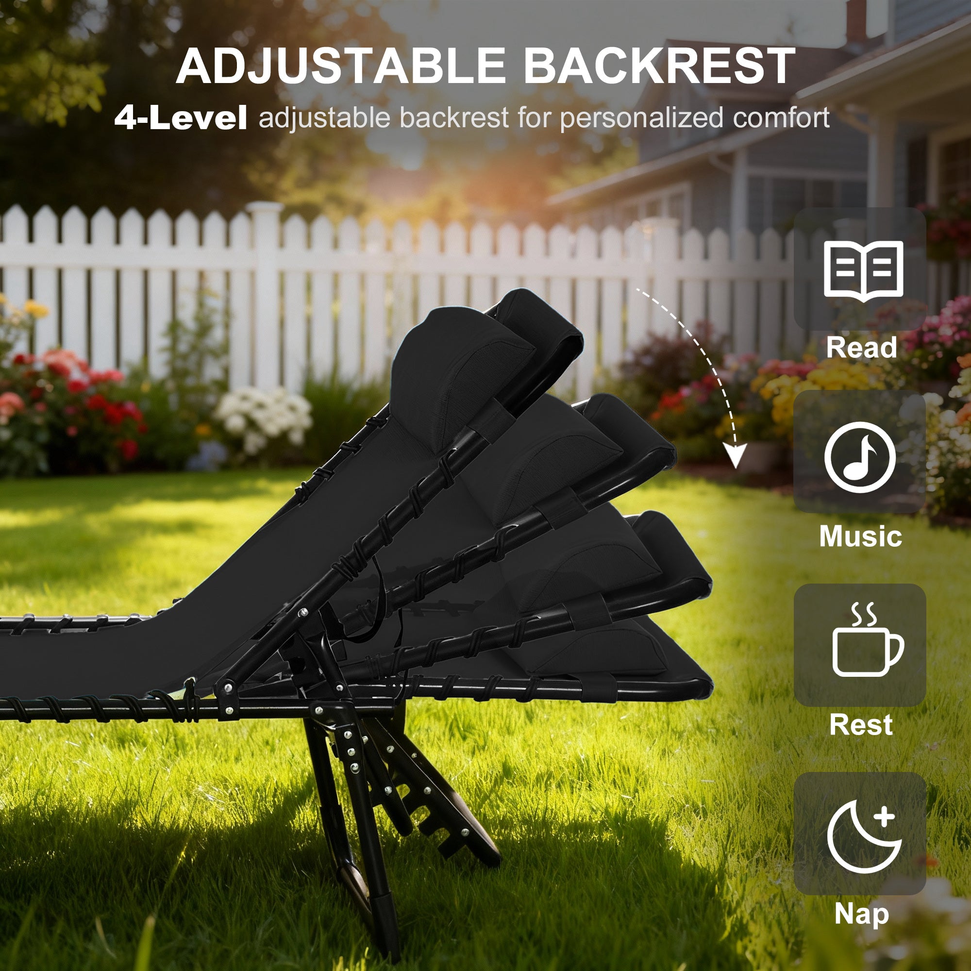 Outdoor Folding Lounge Chair, 4-Level Adjustable Chaise Lounge with Headrest, Tanning Chair Beach Bed Reclining Lounger Cot for Camping, Hiking, Backyard, Black