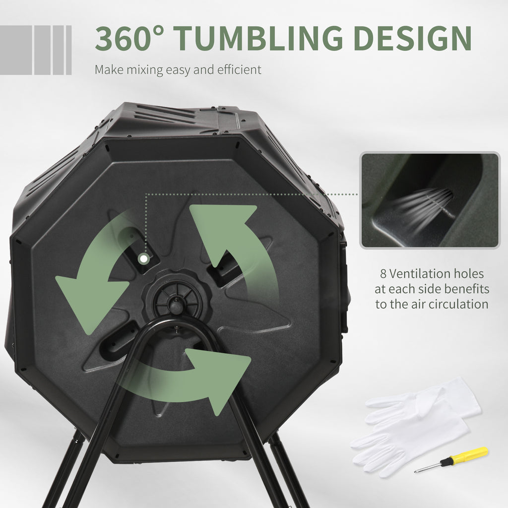 43 Gallon (160L) Tumbling Compost Bin Outdoor Dual Chamber 360Â° Rotating Composter with Sliding Doors, Solid Steel Frame and Gloves, Black