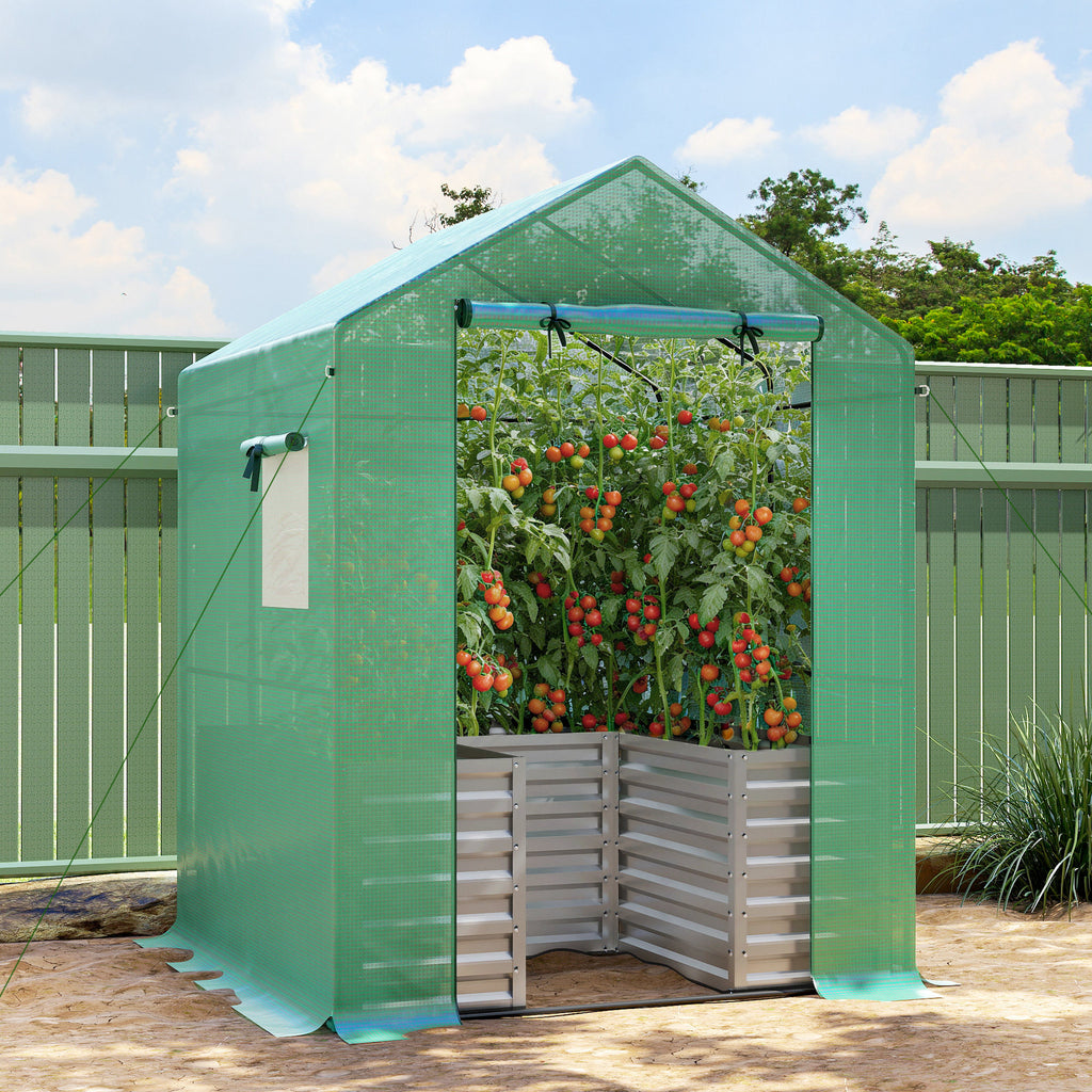 Greenhouse with Raised Garden Bed, Galvanized Metal Planter Box with PE Cover, Roll Up Door, 56" x 56" x 75", Green