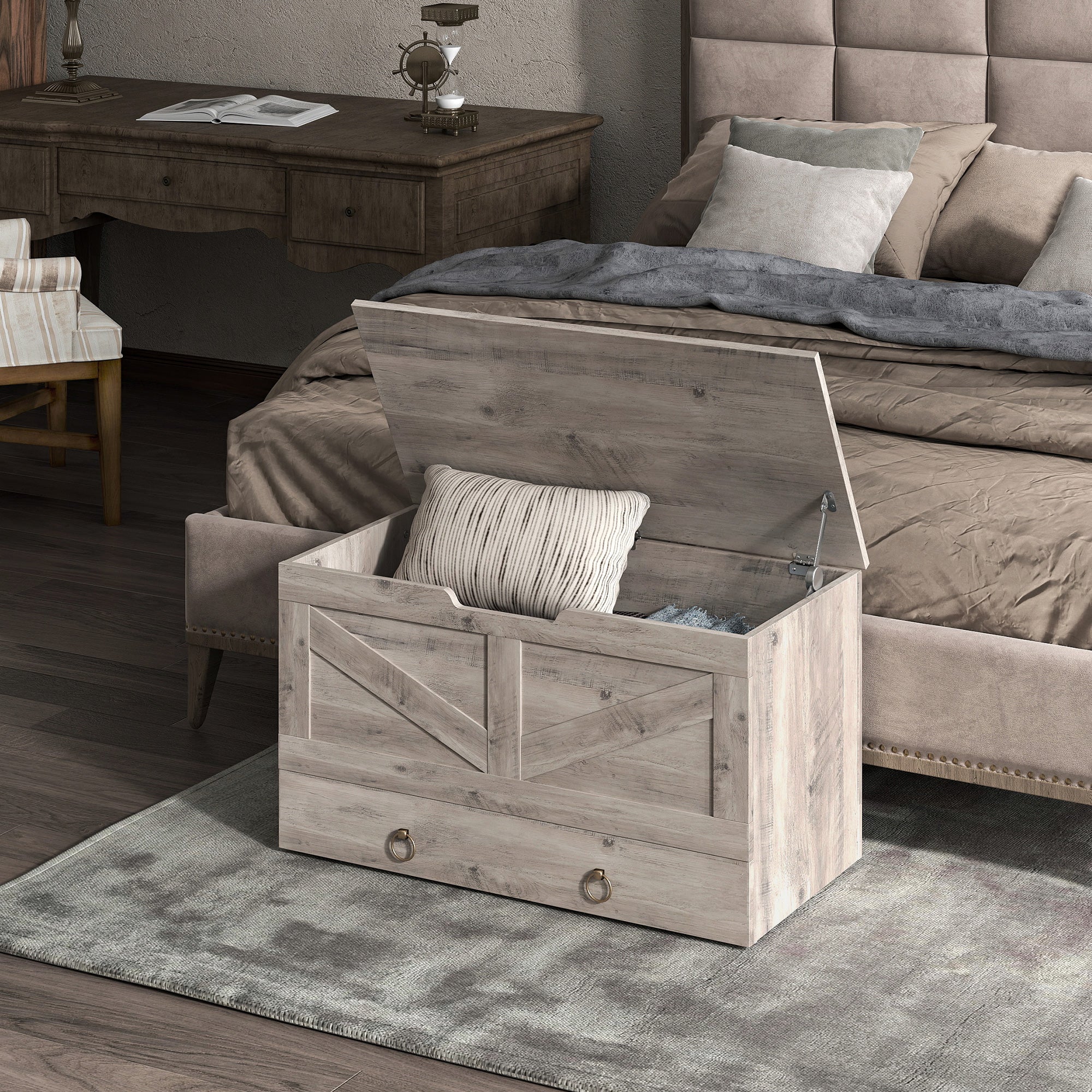 31.5 Inches Storage Chest, Storage Trunk with 2 Safety Hinges for Living Room, Grey Wood Grain
