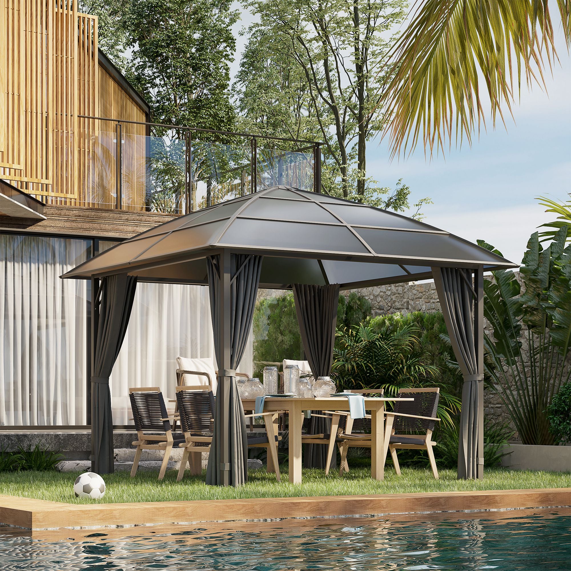 10' x 10' Outdoor Hardtop Gazebo Canopy withÂ UV60+ Polycarbonate Roof, Steel Frame, Central Hook,Â Curtains, Dark Grey