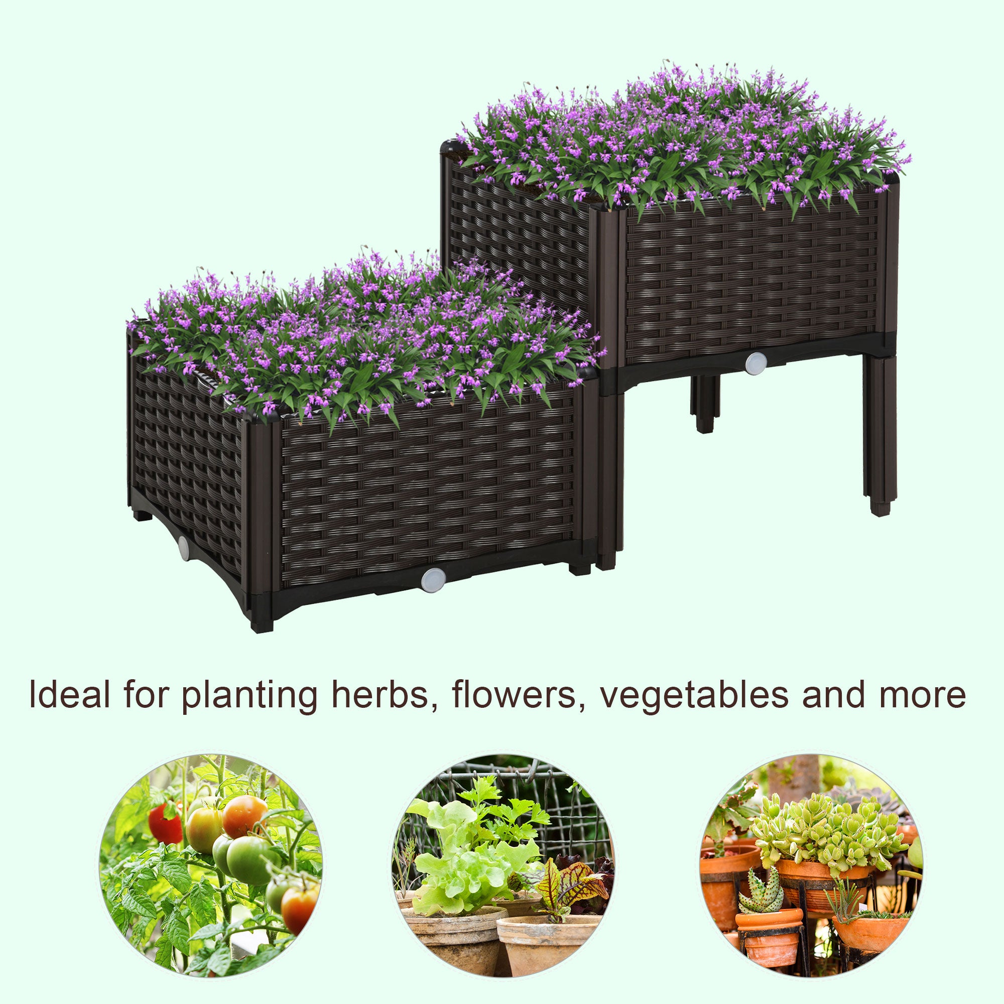 2 Piece Raised Garden Bed PP Raised Flower Bed Vegetable Herb Grow Box Stand Brown