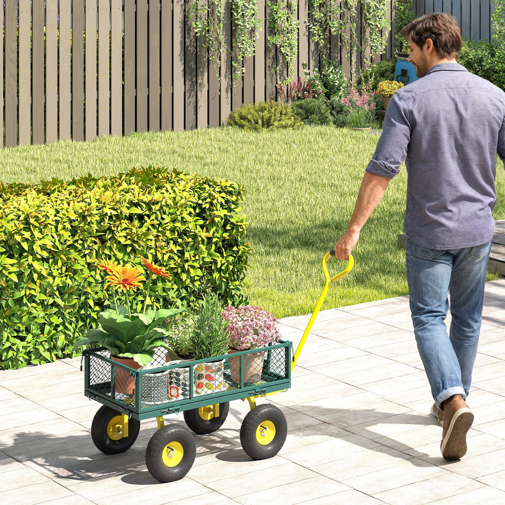 Garden Cart, Utility Wagon Cart with Removable Sides, Convert into Flatbed, 10" Wheels, 180Â° Rotating Handle, Green
