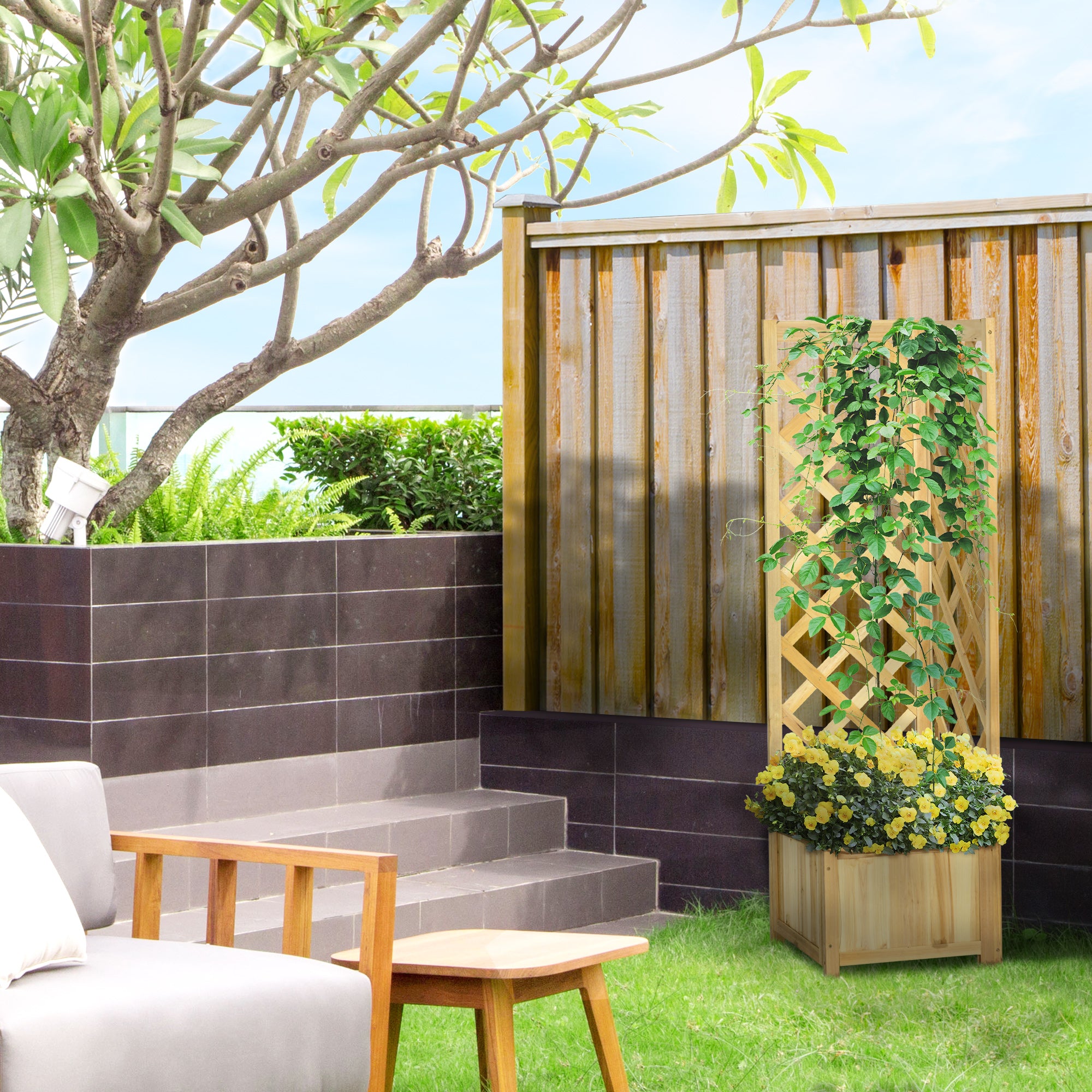 Raised Garden Bed Wood Planter with Trellis for Vine Climbing, 16" x 16" x 57", Natural