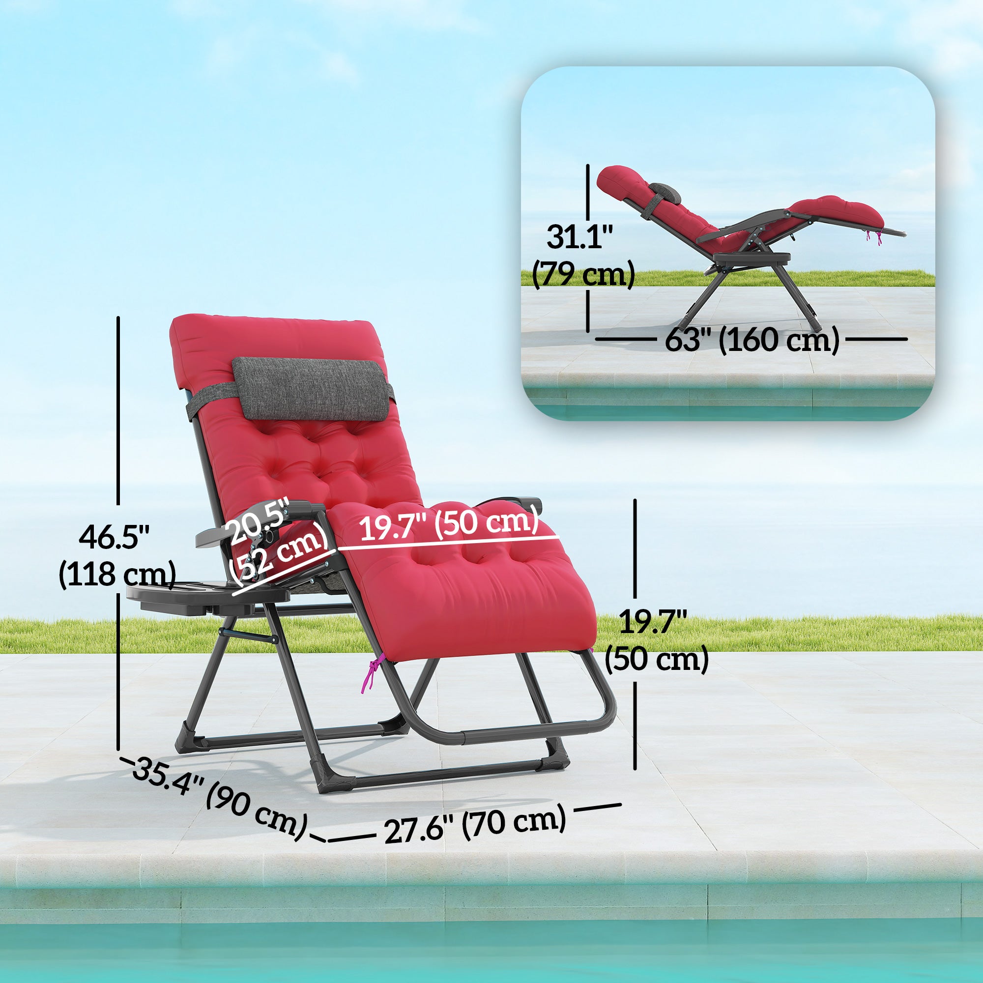 Padded Zero Gravity Chair, 28" Folding Recliner Chair, Patio Lounger with Cup Holder, Adjustable Backrest, Removable Cushion for Outdoor, Deck, Poolside, Red