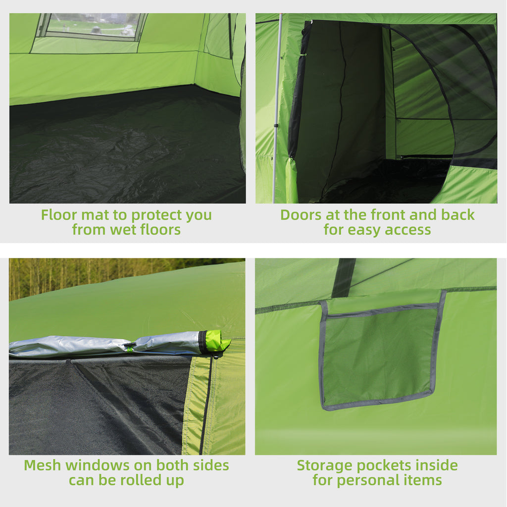 Tunnel Tent Camping Shelter w/ Porch, Two Rooms, Lamp Hook, Portable Carry Bag, Green