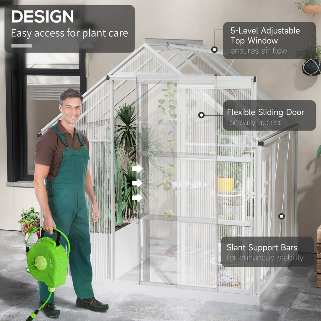 6' x 6' Walk-In Greenhouse, Polycarbonate Greenhouse with Sliding Door, Window, Aluminium Frame, Foundation, Silver