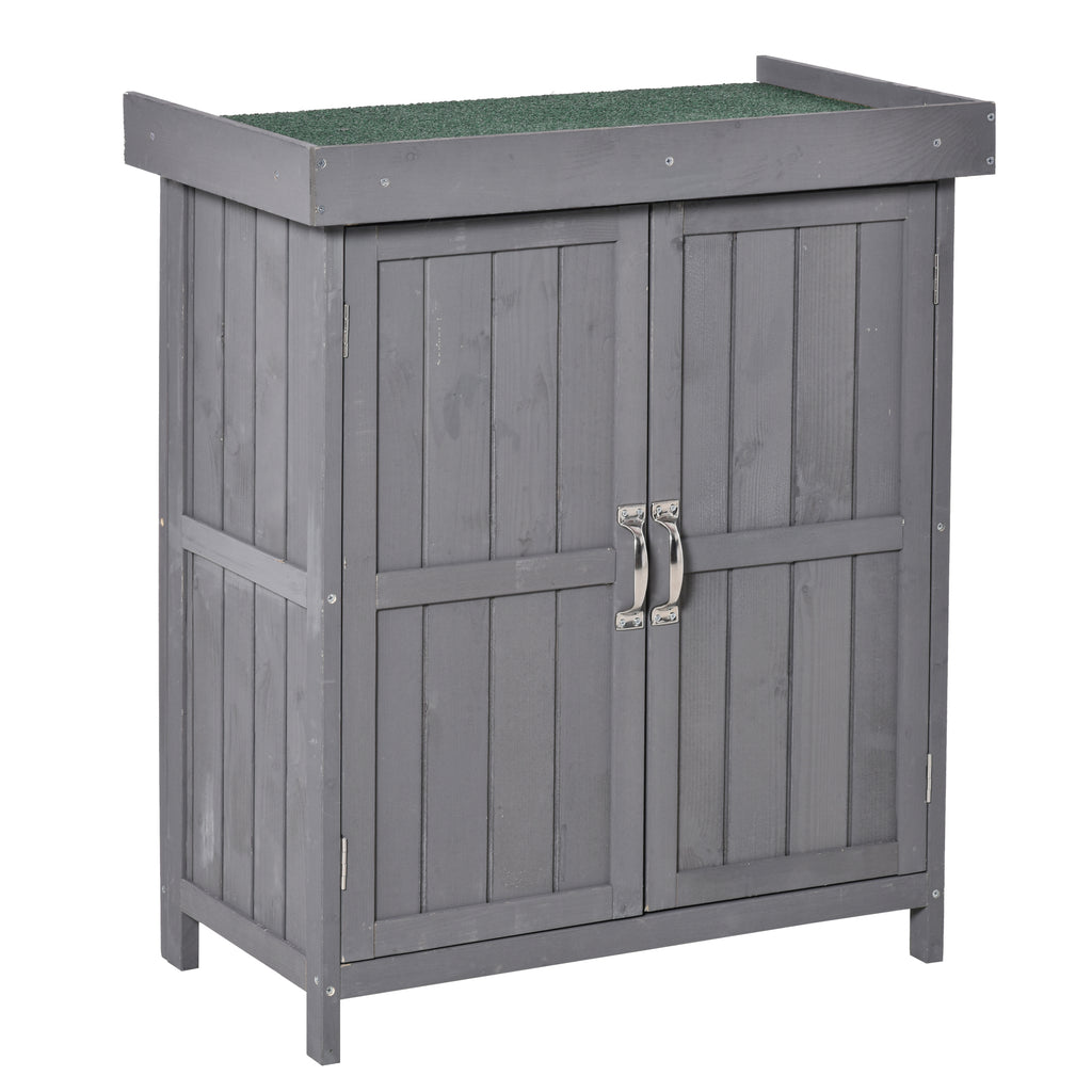 Wooden Garden Tool Storage Shed Kit with Hinged Roof, 2-Tier Shelves and Double Doors, 74x43x88cm, Dark Grey
