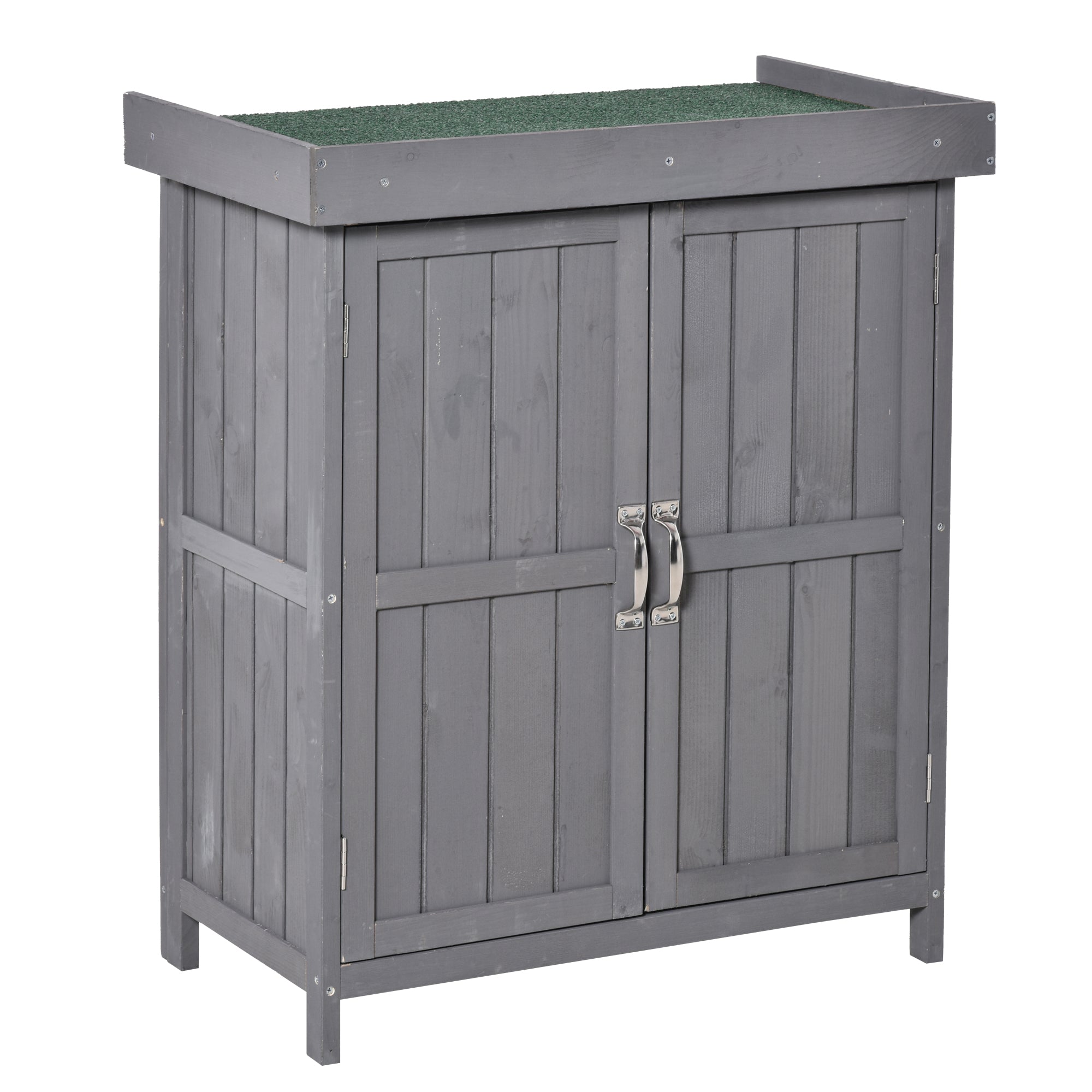 Wooden Garden Tool Storage Shed Kit with Hinged Roof, 2-Tier Shelves and Double Doors, 74x43x88cm, Dark Grey