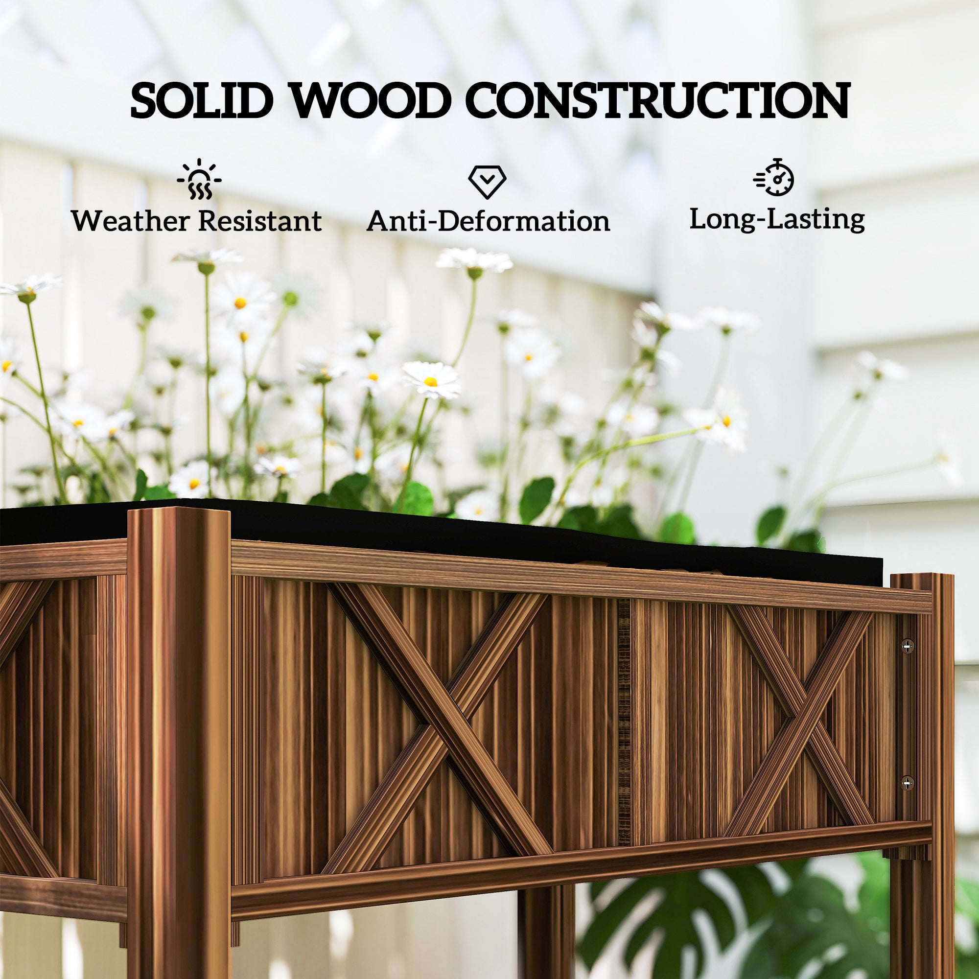 Wooden Raised Garden Bed, Elevated Planter Box with Storage Shelf, Drainage Holes and Liner, 34"x18"x30", Carbonized