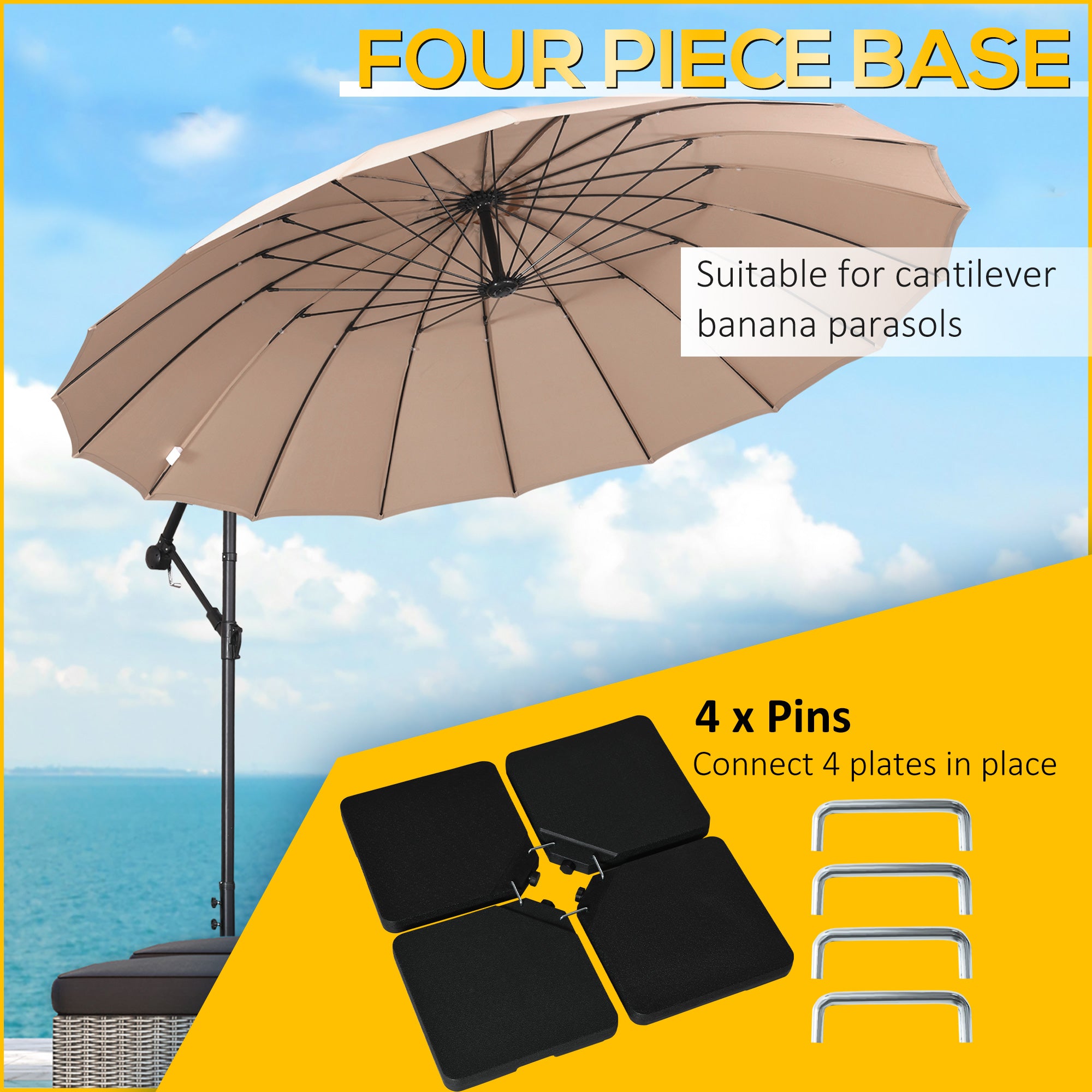 Set of 4 Parasol Base Stand Weights for Banana Hanging Cantilever Umbrella, Can Be Filled with Sand or Water, Black