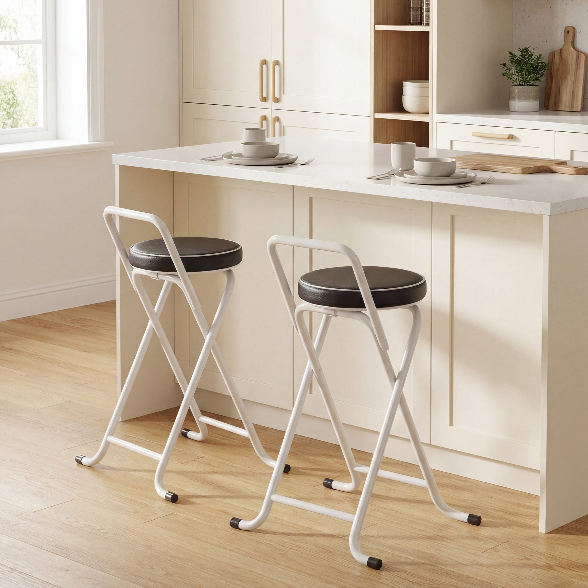 Foldable Bar Stools Set of 2, Folding Kitchen Chairs with PU Cushioned Seat, Footrest, Black