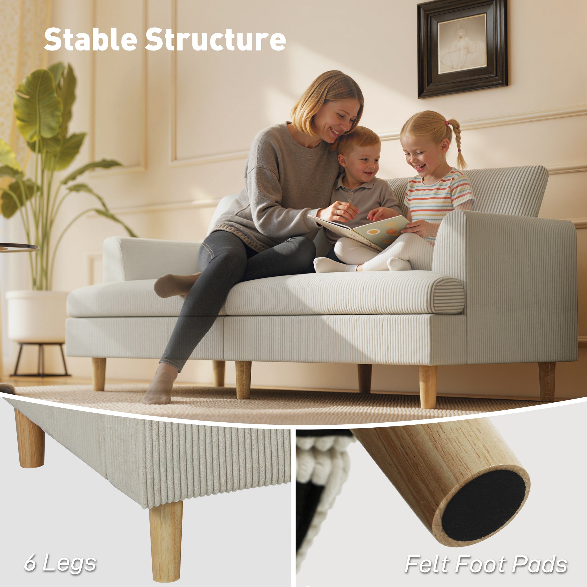 3 Seater Sofa, 74" Modern Corduroy Upholstered Couch with Thick Spring Cushions, Solid Wood Legs, Armrests, Beige