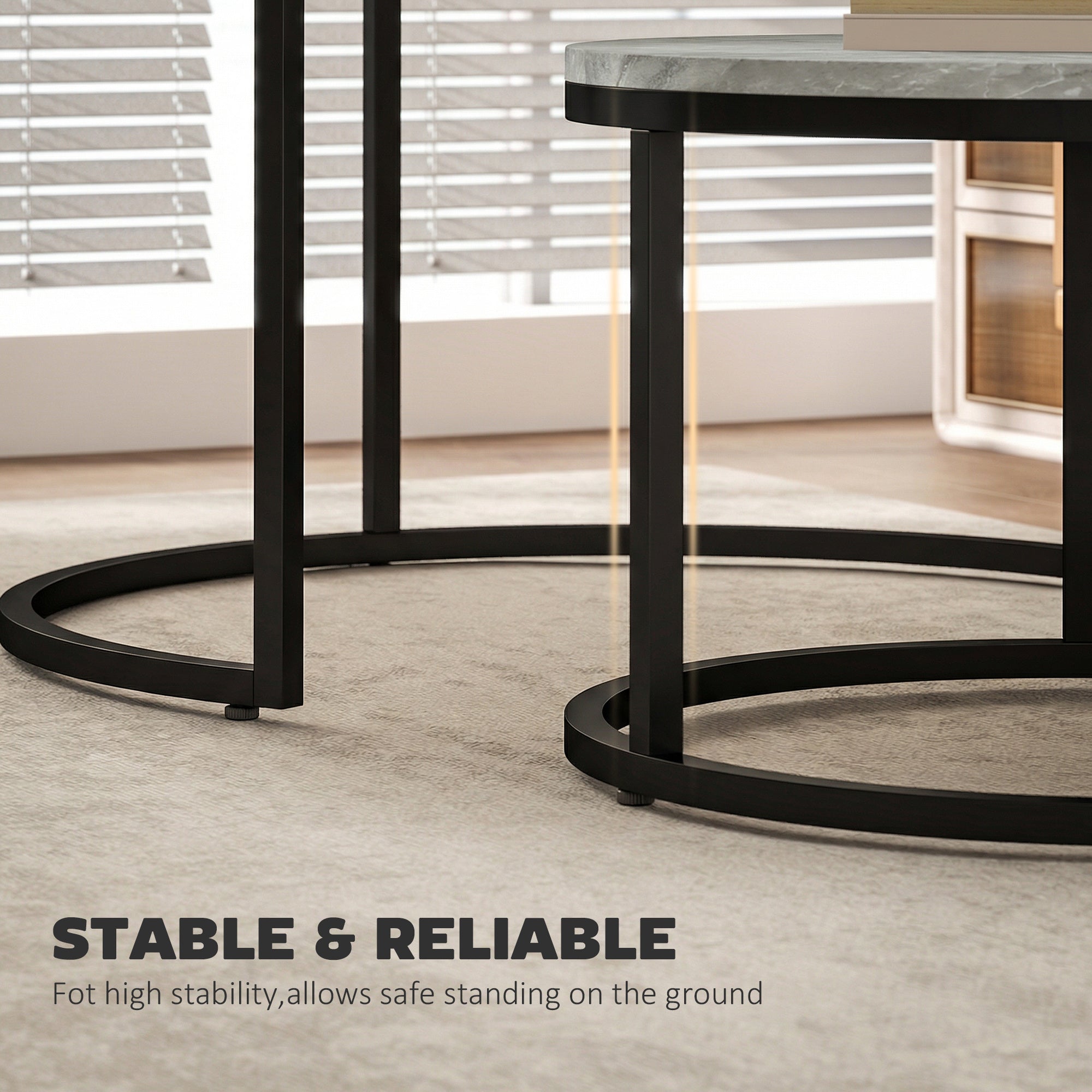 Modern Coffee Table Set of 2, Nesting Side Tables w/ Metal Base for Living Room Bedroom Office Marble Grey
