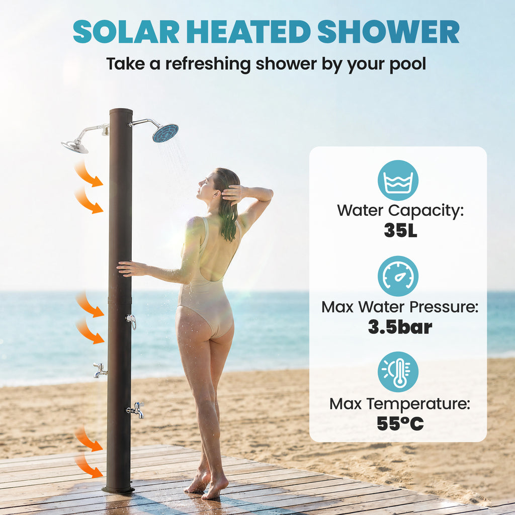 9.2 Gallon Solar Heated Outdoor Shower, 7.1ft with 2 Free-Rotating Shower Heads & Foot Showers for Poolside Beach Spa