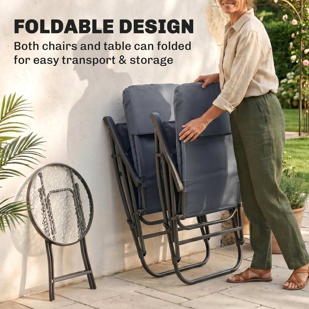 3pc Patio Foldable Rocking Chair Set, Outdoor Rocking Chairs and Table Bistro Set w/ Padded Seat, Headrest, Backrest for park, backyard, garden, Blue