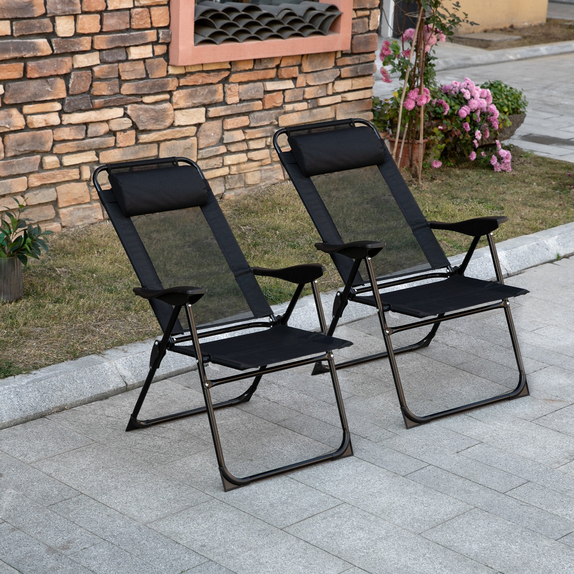 Double Camping Chairs Foldable w/ Reclining & Headrest, Black