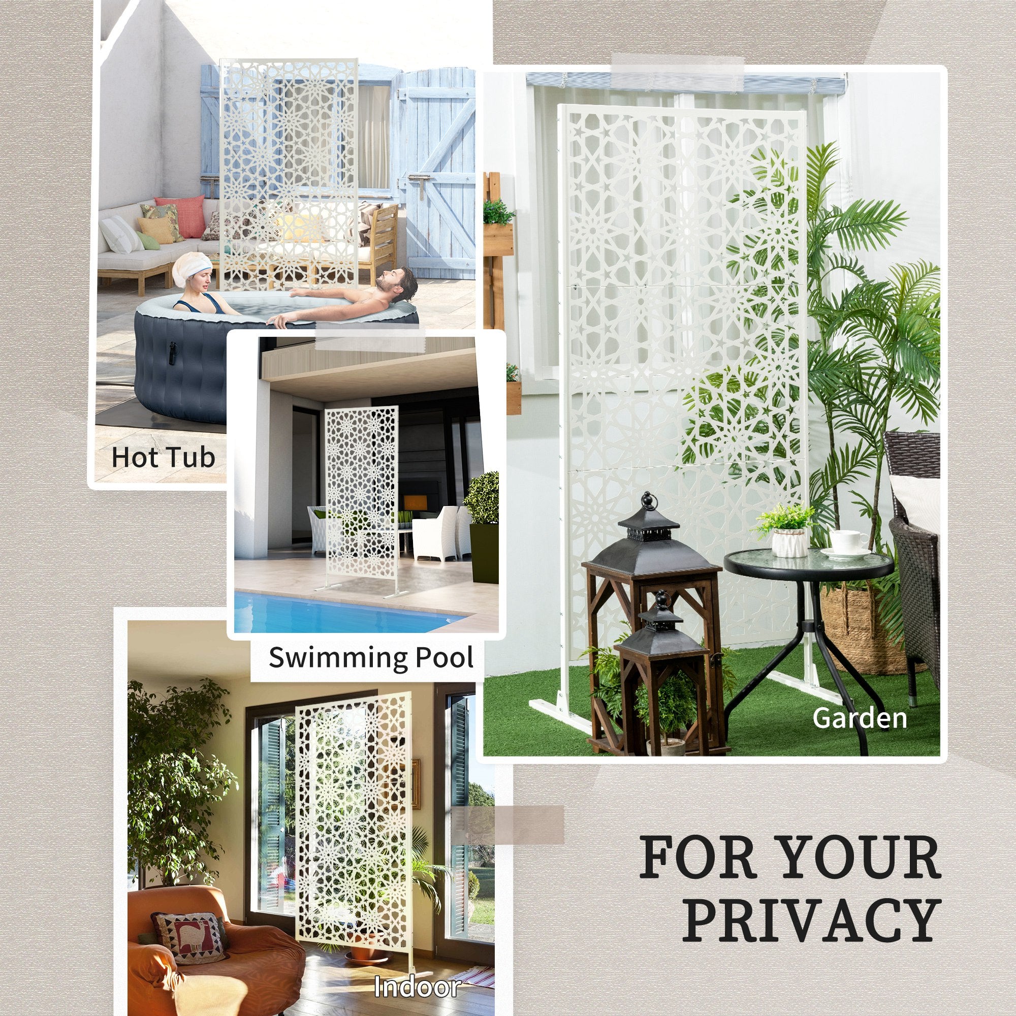 Metal Outdoor Privacy Screen, Decorative Outdoor Divider with Stand and Expansion Screws, 36.2" x 17.7" x 78", White