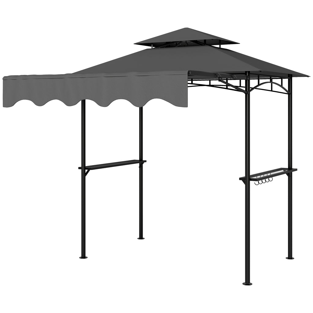 8' x 7.6' Grill Gazebo, Double Tiered Barbecue Grill Gazebo Shelter w/ Side Awning, 2 Side Shelves, 6 Hooks, Dark Grey