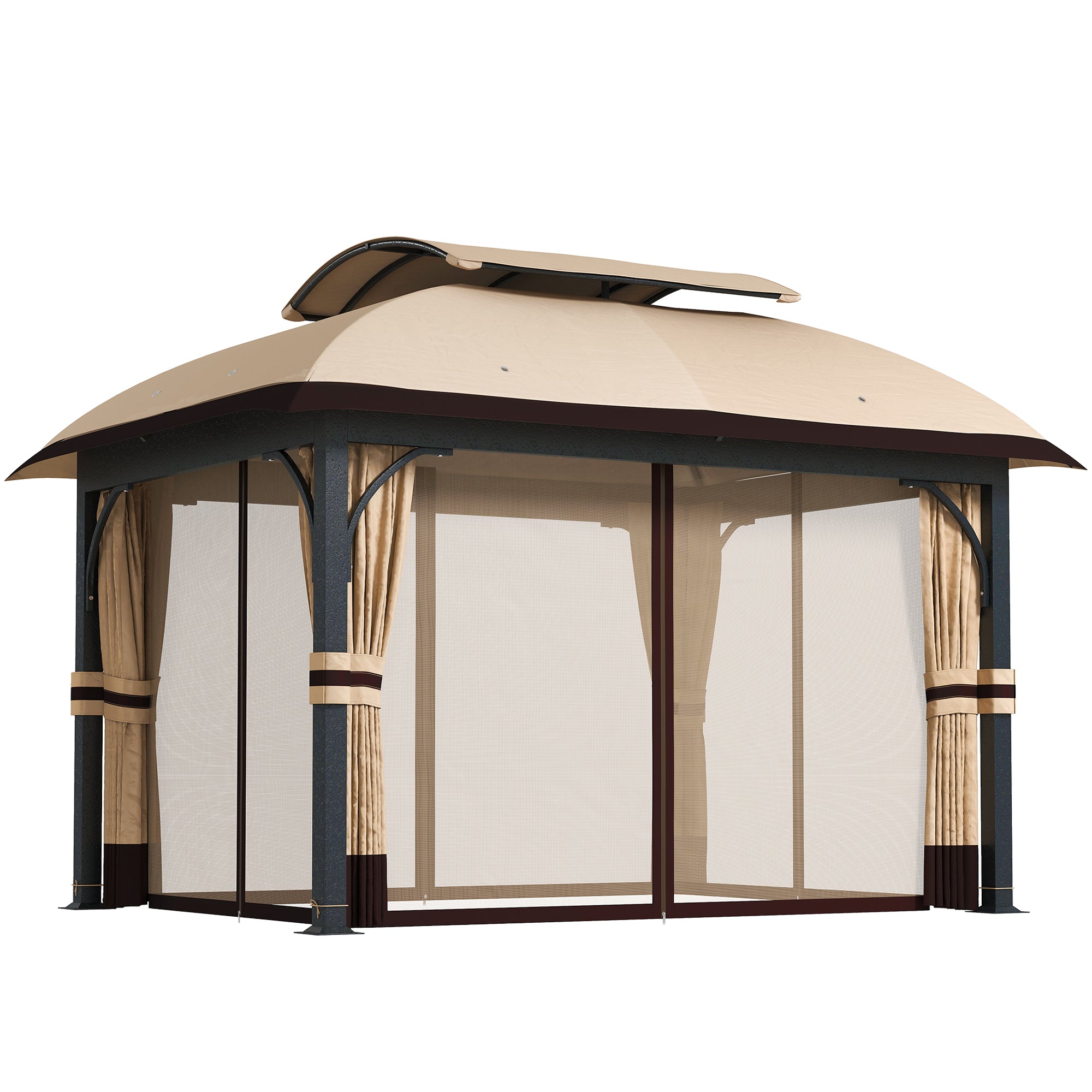11'Â xÂ 13' Patio Gazebo, Double Roof Outdoor Gazebo Canopy with Netting & Curtains, Galvanized Metal Frame, Khaki