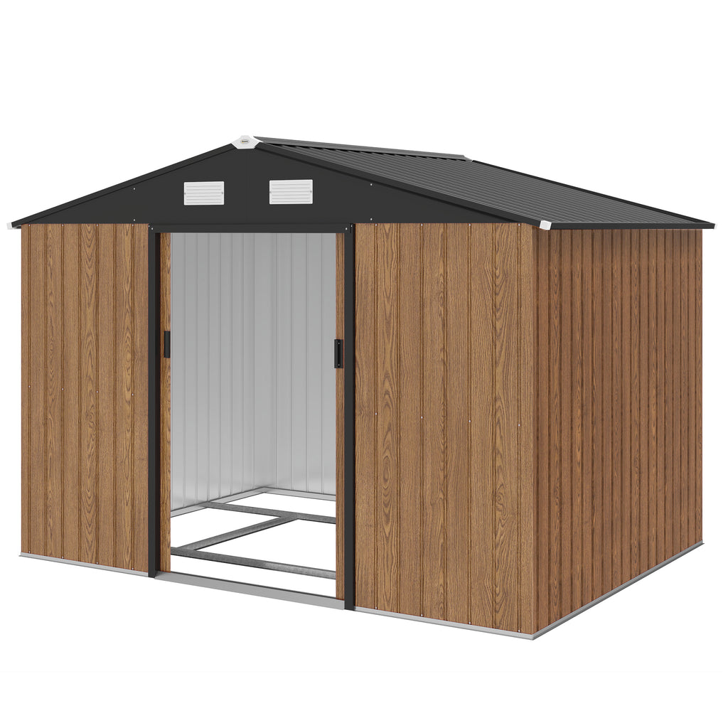 9.1'x6.4'x6.3' Garden Storage Shed, Outdoor Storage Tool House with Vents, Foundation and Lockable Double Doors, Teak