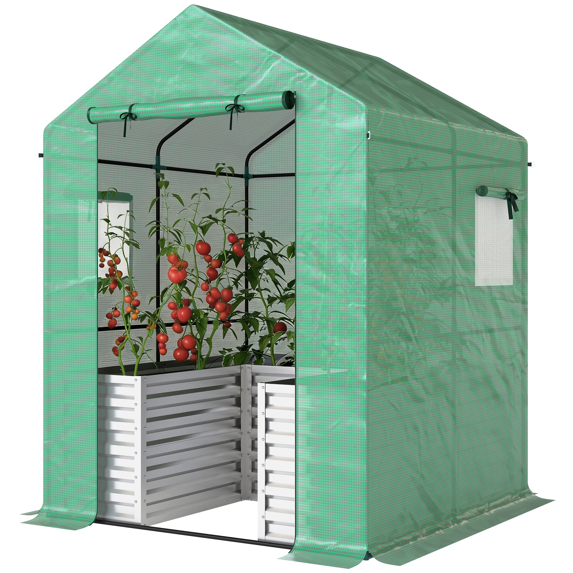 Greenhouse with Raised Garden Bed, Galvanized Metal Planter Box with PE Cover, Roll Up Door, 56" x 56" x 75", Green