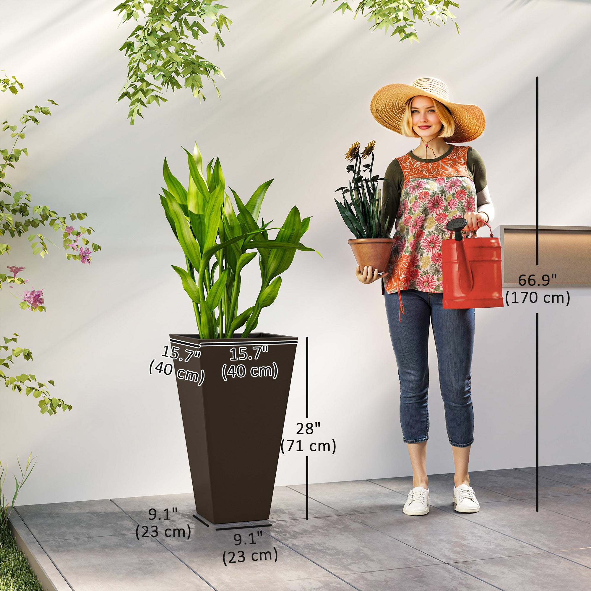 28" Tall Garden Plastic Planters, Outdoor and Indoor Flower Pots, Set of 3 for Entryway, Patio, Yard, Brown