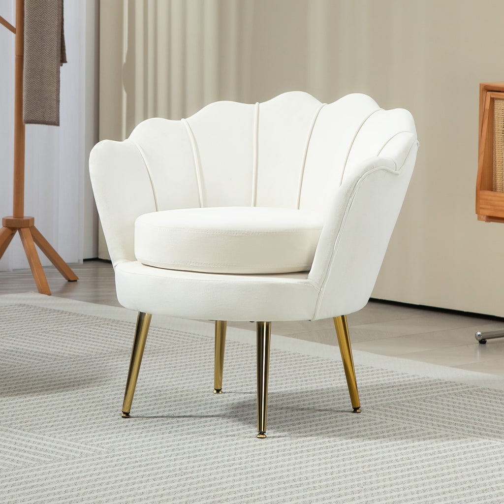 Modern Accent Chair, Velvet-Touch Fabric Leisure Club Chair with Gold Metal Legs for Bedroom, Cream White