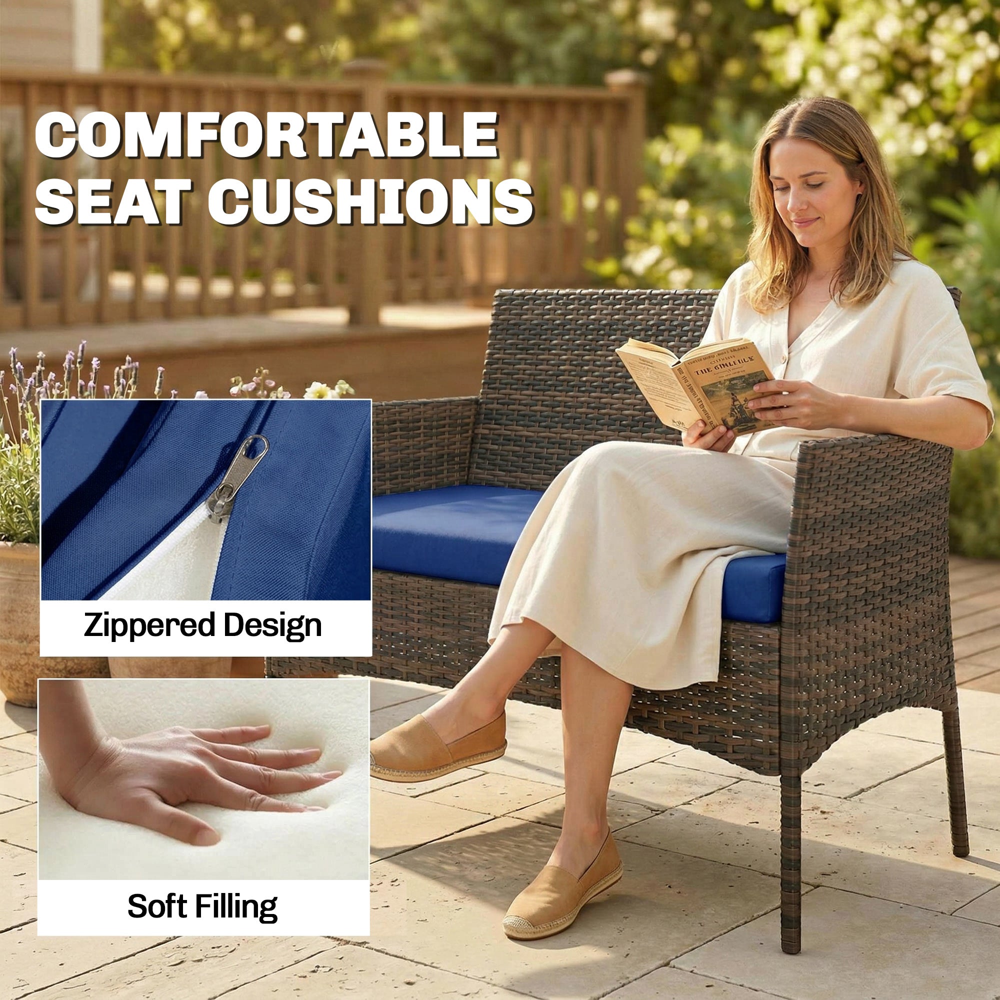 4 Pieces Wicker Outdoor Balcony Furniture Set Rattan Patio Furniture Set with Loveseat Chairs Glass Coffee Table Navy Blue